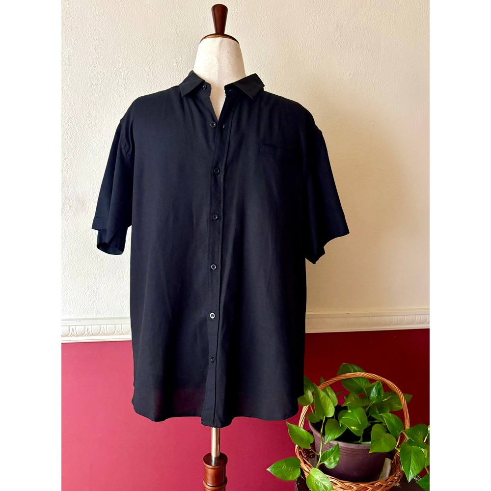 NEW Coofandy Short Sleeve Linen Blend Button Down Shirt Black Men's L Minimalist